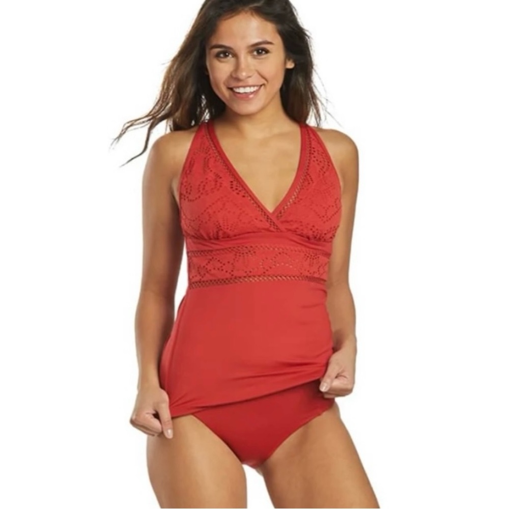 Azura Australia Red Infinity Cross Tankini & Mesh Side Bottom Swimsuit Size 8